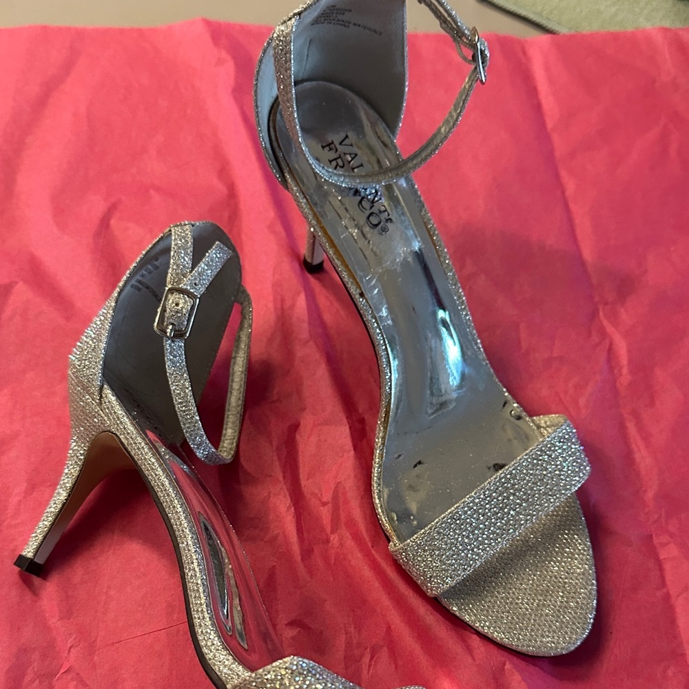Vaneli Silver Glitter Open-Toe Ankle-Strap Heels